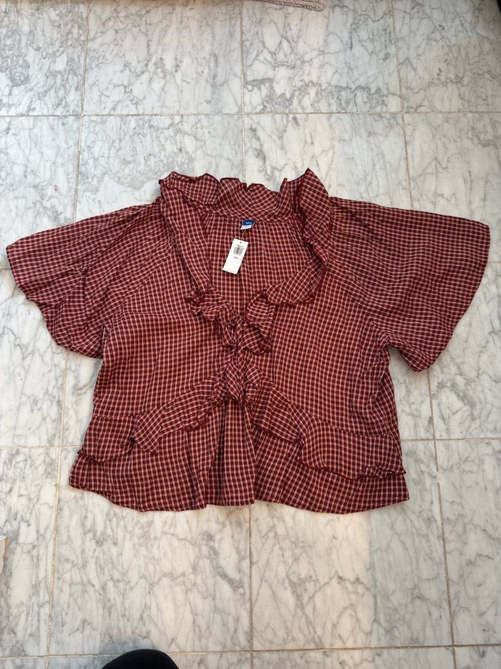 Old Navy Burgundy and Cream Gingham Ruffle Blouse